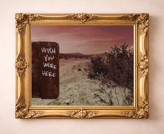 Wish You Were Here Big Bend desert photograph by Betsy Crum in a gold frame