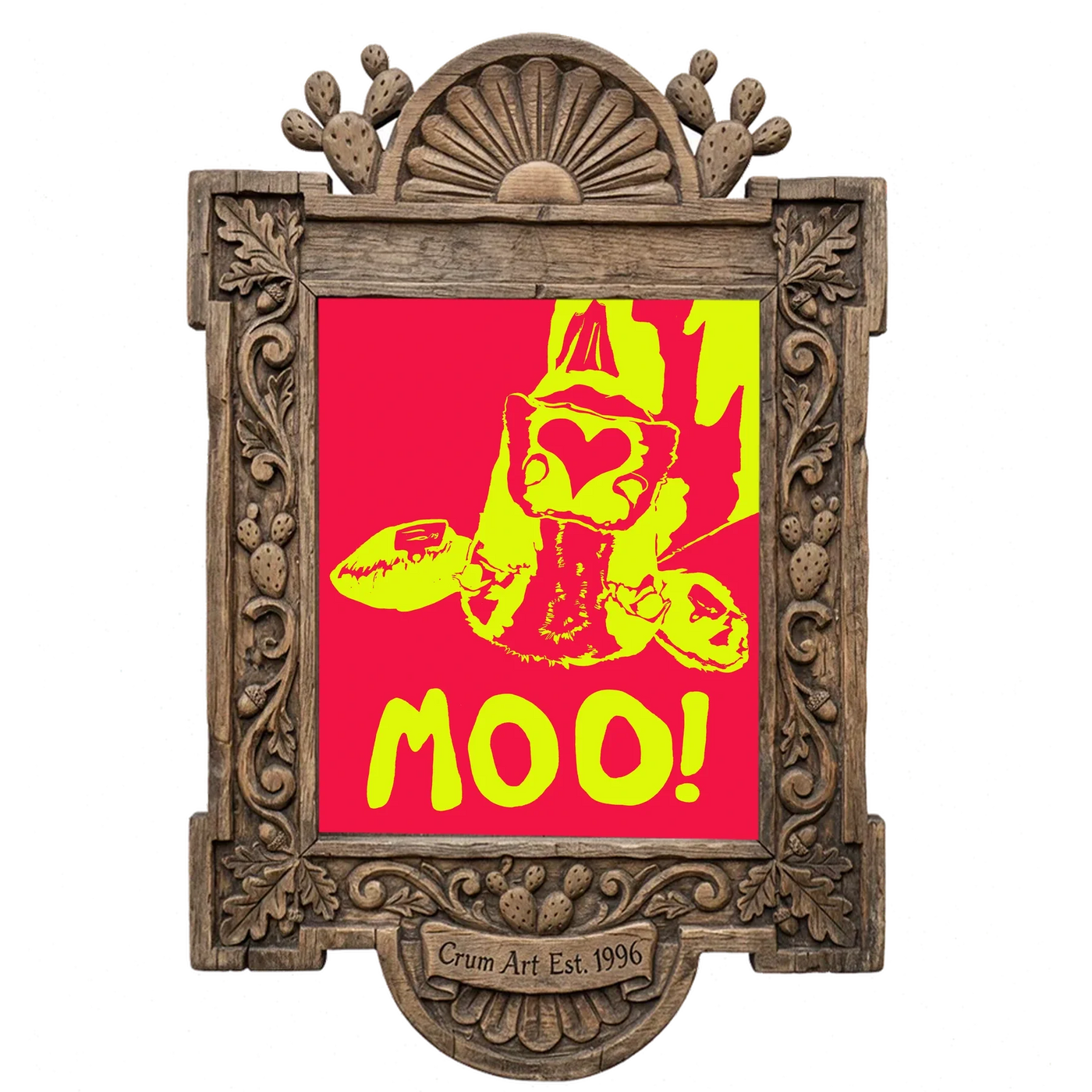 The Judy's Moo Cassette, Red and Yellow — art print in a carved wood frame, Crum Art