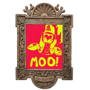 The Judy's Moo Cassette, Red & Yellow — music wall art print by Betsy Crum in a carved wood frame