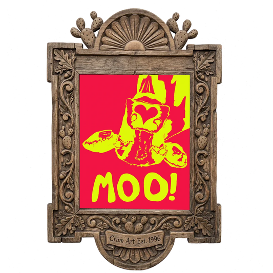 The Judy's Moo Cassette, Red & Yellow — music wall art print by Betsy Crum in a carved wood frame