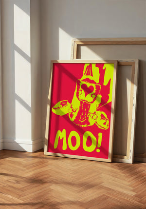 The Judy's Moo Cassette (yellow and red) music wall art print by Betsy Crum — neutral frame room mockup