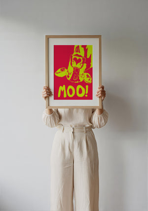 The Judy's Moo Cassette (yellow and red) music wall art print by Betsy Crum — framed with velvet mat