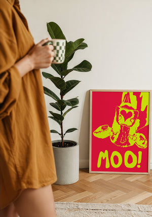 The Judy's Moo Cassette (yellow and red) music wall art print by Betsy Crum — framed with velvet mat