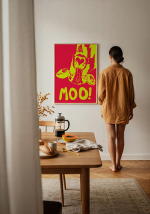 The Judy's Moo Cassette (yellow and red) music wall art print by Betsy Crum — framed with velvet mat
