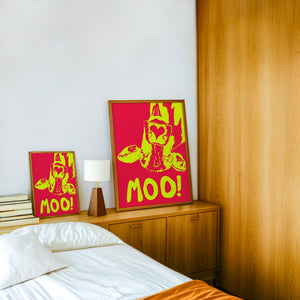 The Judy's Moo Cassette (yellow and red) music wall art print by Betsy Crum — framed in a wood-accent room