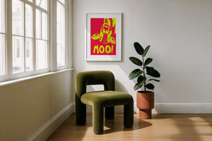 The Judy's Moo Cassette (yellow and red) music wall art print by Betsy Crum — framed with velvet mat