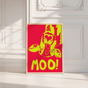 The Judy's Moo Cassette (yellow and red) music wall art print by Betsy Crum — neutral frame room mockup
